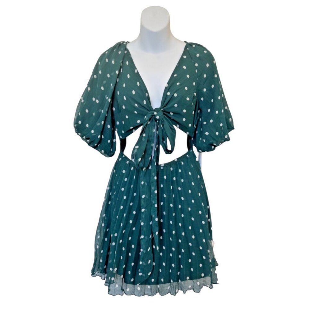 ASOS Design Women's Green Mini Dress Petite Size 4 White Polka Dot Chiffon